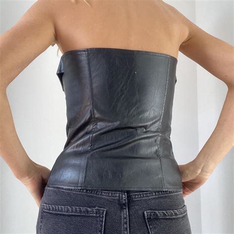 BLACK LEATHER CORSET TOP moto y2k 🌱Faux leather •... - Depop