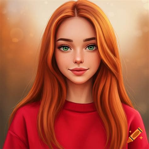 A young woman with long red hair and green eyes wearing a red ...