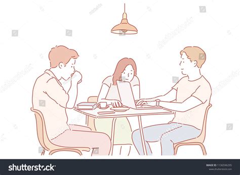 A group of people studying a team sitting at a table. hand drawn style ...