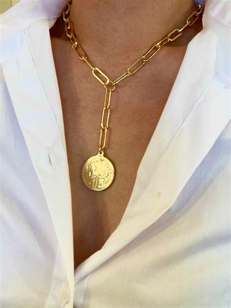 Gold Paperclip Chain Necklace: Coin Medallion Y Lariat - Etsy