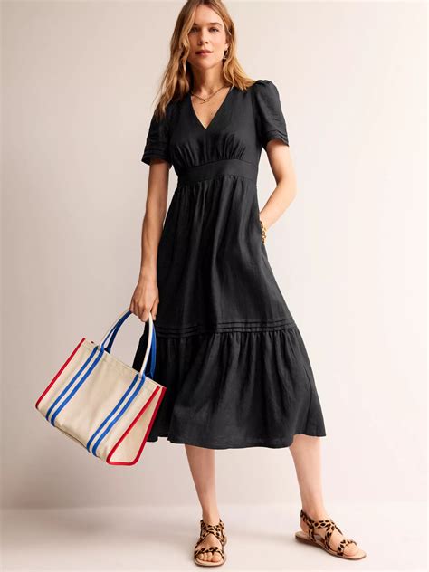 Boden Short Sleeve Midi Linen Dress, Black at John Lewis & Partners