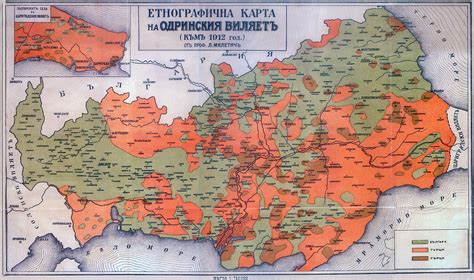 Bulgarian map of the ethnic composition of the Edirne vilayet (1912). Orange - Turks, green ...