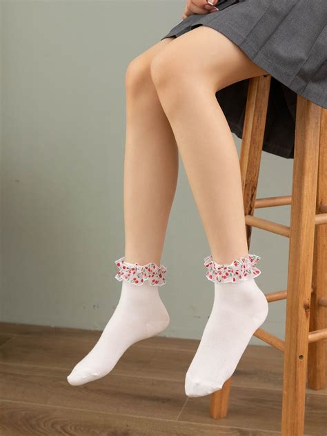 Cherry Print Ruffle Trim Crew Socks | Sock boots outfit, Stylish socks ...
