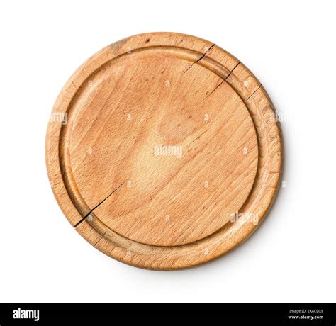 A top view of a round wooden cutting board, isolated on a white ...