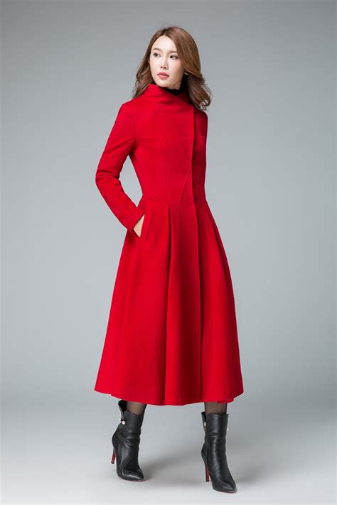 Wool Coat for Women, Red Winter Wool Coat, Asymmetrical Coat, Pleated ...