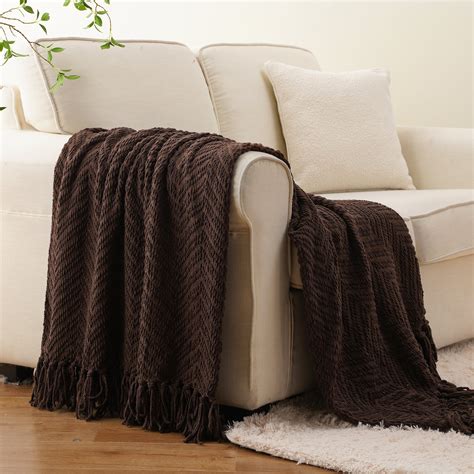 Battilo Knitted Dark Brown Sofa Throw Blanket, Herringbone Design, 50 ...