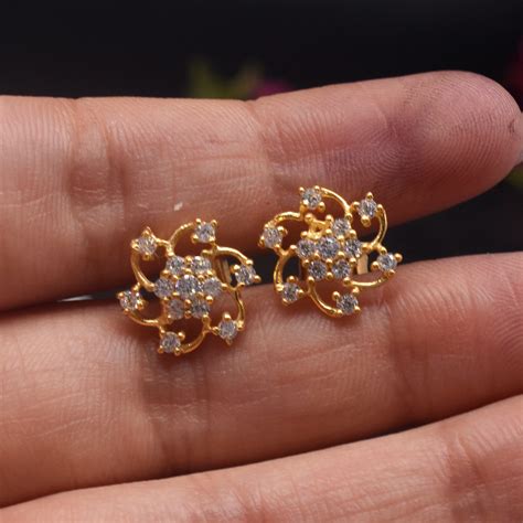 CZ Diamond Stud Earrings 14k Solid Gold Stud Earrings Woman | Etsy