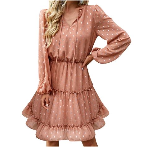 Women's Fall Dress Casual Long Sleeve Ruffle Chiffon Knee Length ...