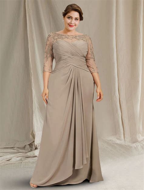 A-Line Mother of the Bride Dress Plus Size Elegant Jewel Neck Floor Length Chiffon Lace 3/4 ...