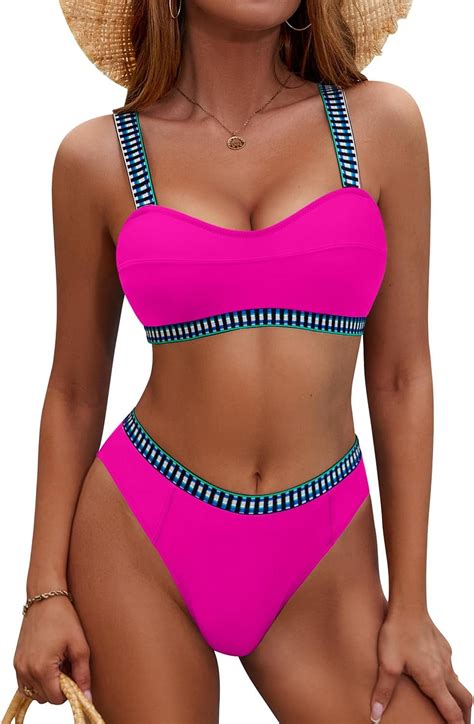 Women Cheeky Bikini Sets High Waisted Push Up Color Block Swimsuits ...