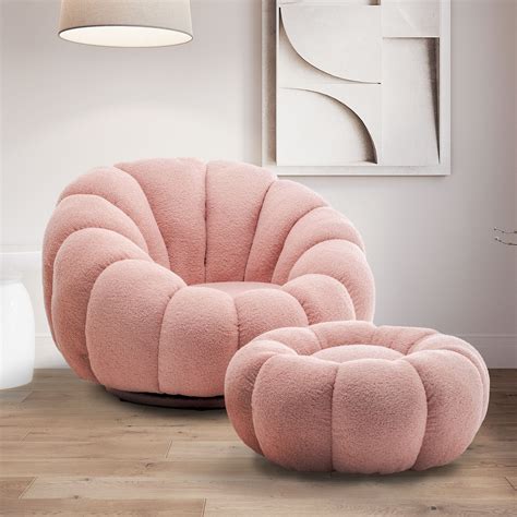 Teddy Boucle Fabric Pink Mirielle Swivel Accent Chair with Footstool ...