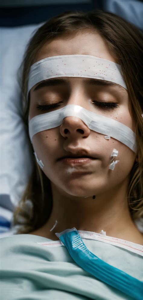 Lexica - The girl is lying on a hospital bed with bandages on her face ...