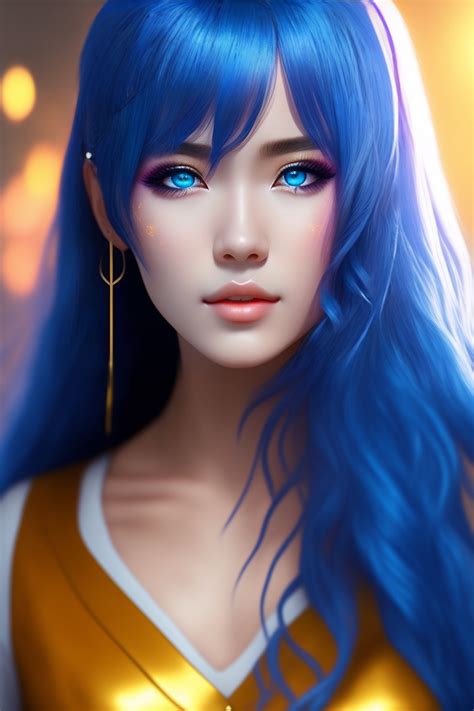 Lexica - Portrait of an anime character hyper realistic blue hair gold eyes