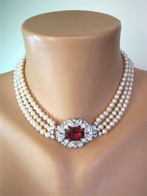 Pearl Choker With Ruby Clasp Bridal Pearls 3 Strand Pearls | Etsy ...