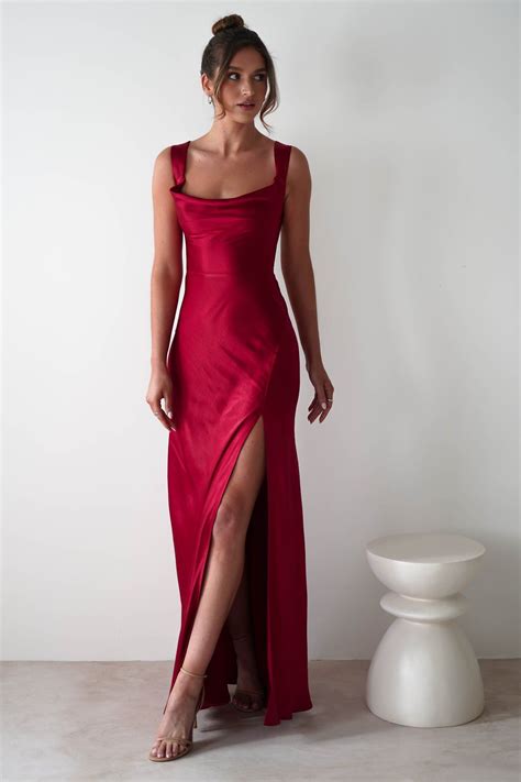 Riviera Soft Satin Maxi Gown | Berry Red in 2025 | Deb dresses, Floor ...