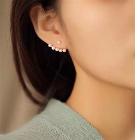 14K Gold Front Back Earrings, Pearl Ear Jacket, Ear Climber, Pearl Stud ...