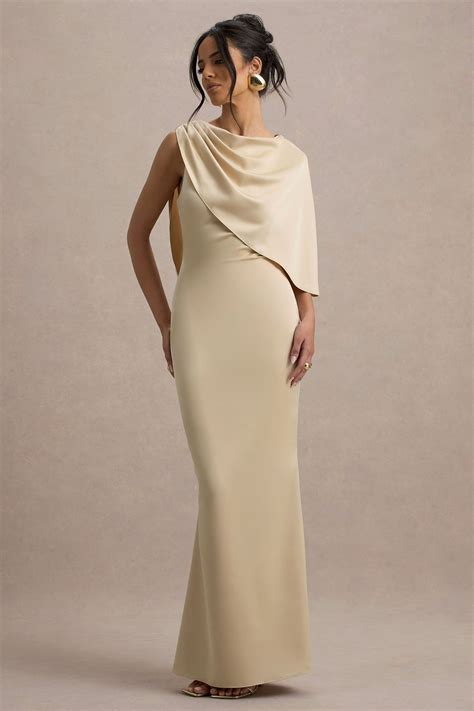 Ambra | Champagne Satin One-Shoulder Cape Maxi Dress | Evening dress ...
