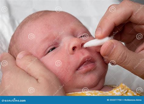 Cleaning Newborn Nose from Boogers with a Cotton Swab Stock Photo ...