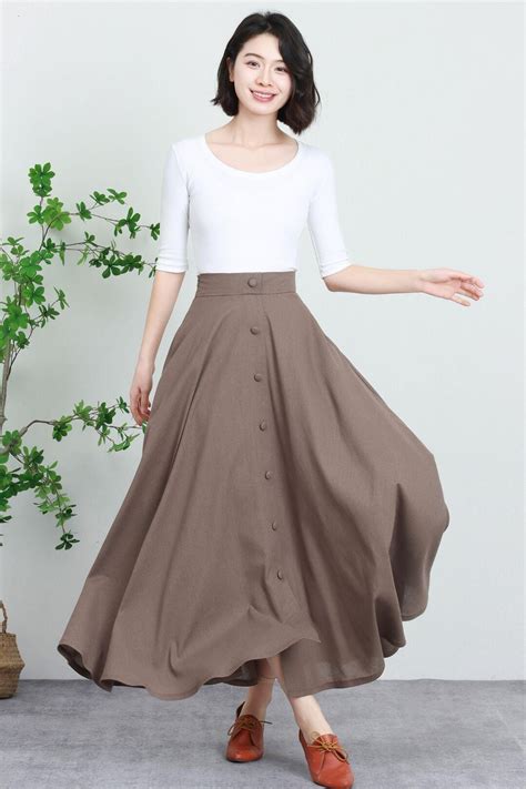 Linen Maxi Skirt, Khaki Skirt Women, Swing Spring Skirt, High Waist ...