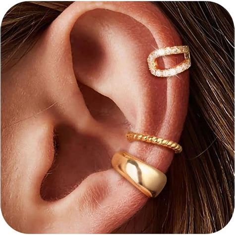 3Pcs Chunky/Thin Ear Cuffs Non Piercing for Women - Dainty 14K Gold ...