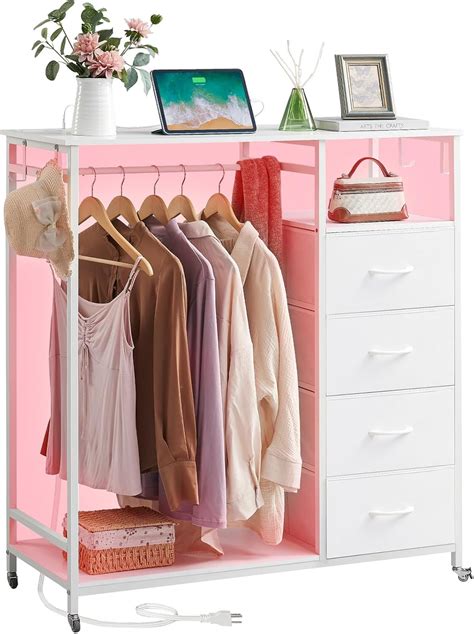White Dresser for Bedroom with Hanging Rack LED Lights and Charging ...
