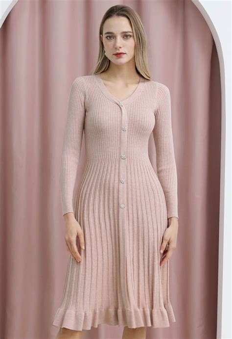 Button Front Ribbed Knit A-line Midi Dress in Pink - Retro, Indie and ...
