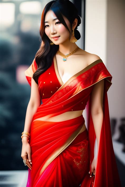 Lexica - Japanese anri okita wearing a transparent red saree with no blouse