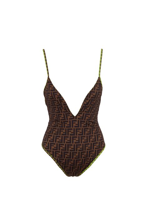 Fendi - Pine Plaid & FF Logo V-Neck Bathing Suit