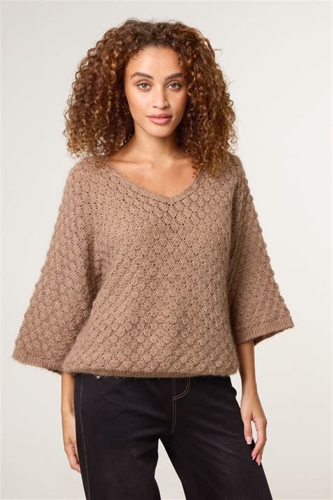 Jumpers & Cardigans | Light Brown Pointelle Knit Batwing Jumper | Blue ...
