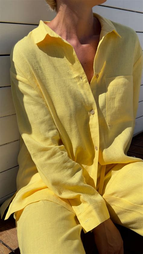 Loose-fit Yellow Linen Shirt for Women With Classic Collar, Straight ...
