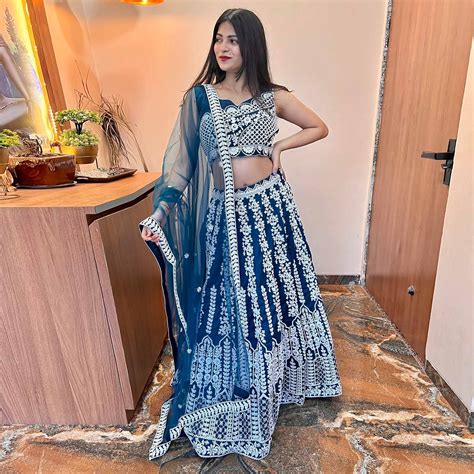 Blue Floral Embroidered Chiffon Lehenga Choli