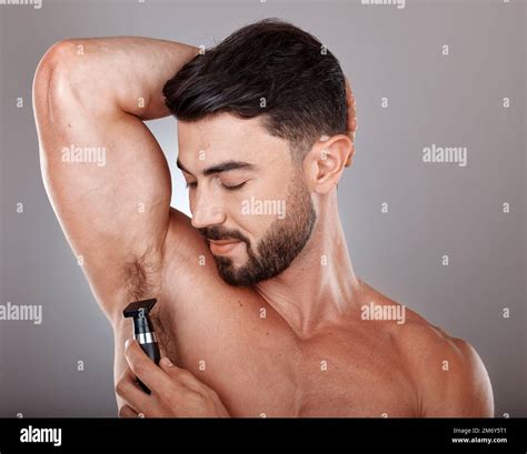 Man, razor and armpit hair for skincare wellness, hygiene grooming and ...