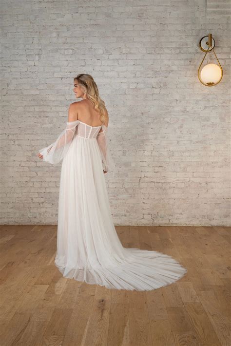 Modern Boho A-Line Wedding Dress with Long Blouson Sleeves