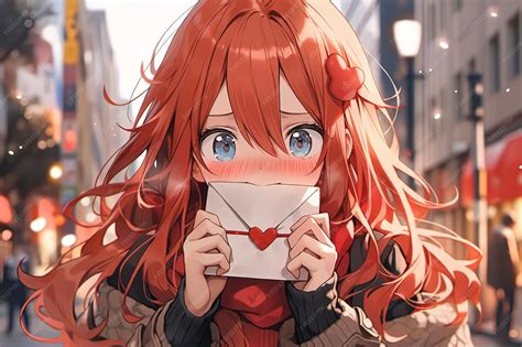 Premium Photo | Cute embarrassed blushing anime girl with red hair ...