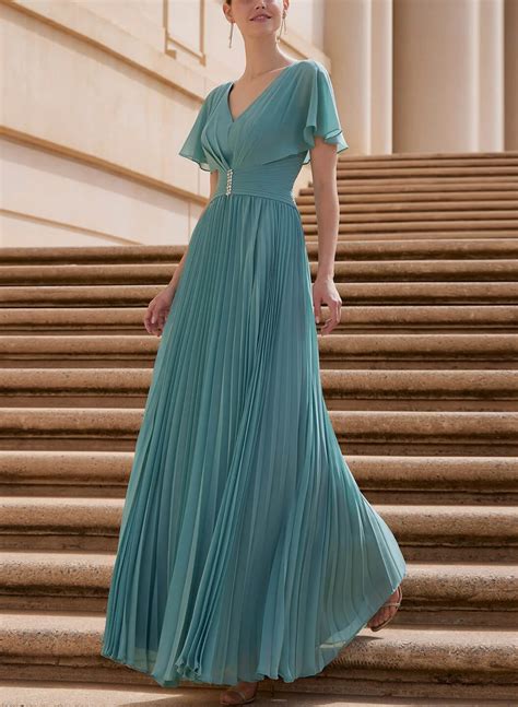 Long Chiffon Pleated Short Sleeves Evening Dresses - Missacc