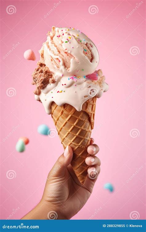Hand Holding Big Ice-cream in Waffles Cone on Pink Background Stock ...