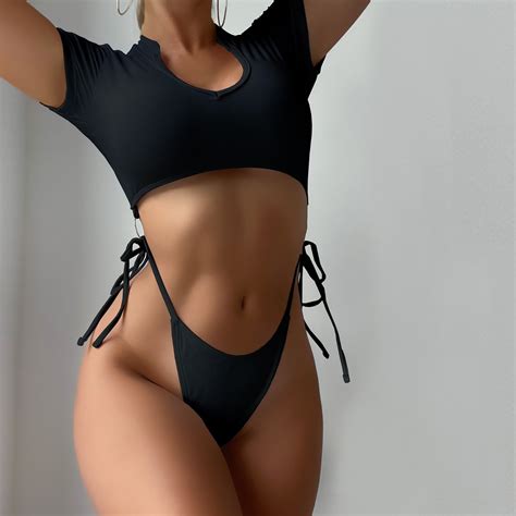 Black Bathing Suits Sexy Cropped Thong Bikini Set Swimwear One Piece ...