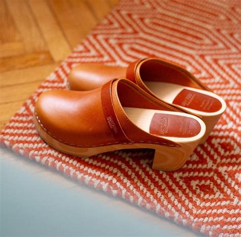 Swedish Brown Clogs, Wooden Heel Clogs for Women, Cognac Leather Clogs ...