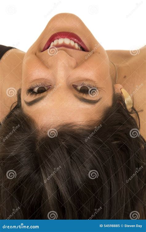Portrait of Upside Down Dark Complected Woman Smiling Stock Image - Image of lying, cosmetics ...