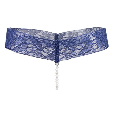 Sexy Women Crotchless Panties Sheer Lace Thong Underwear Pearls Strings ...