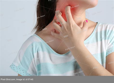 Allergies and sore throat concept. Woman scratching neck, closeup ...