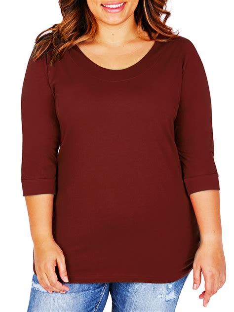 CURVE - - BRICK Pure Cotton Scoop Neck 3/4 Sleeve T-Shirt - Plus Size ...