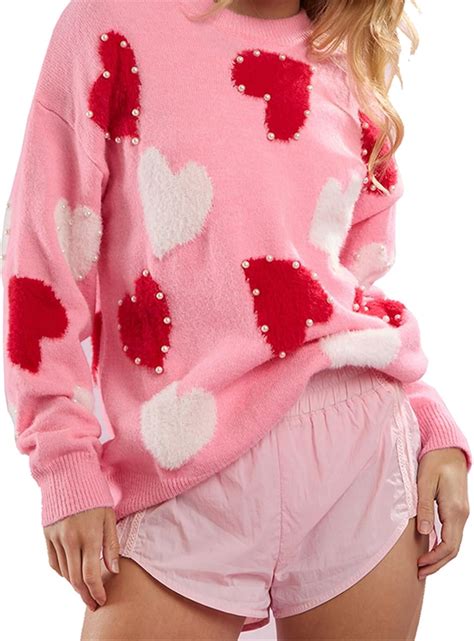 Amazon.com: Women Heart Sweaters Long Sleeve Loose Fit Pullover Tops ...