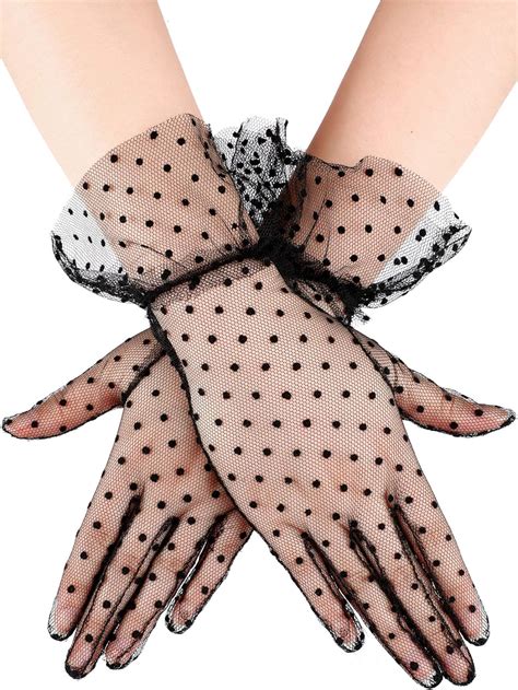 Black Lace Gloves Women Short Lace Gloves Elegant Mesh Dot Gloves for ...