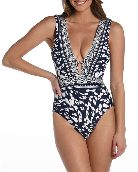 La Blanca Reversible Painted Plunge Mio One-Piece Swimsuit | Neiman Marcus