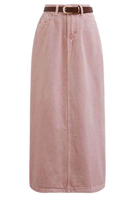 Slit Back Belted Denim Maxi Skirt in Pink - Retro, Indie and Unique Fashion