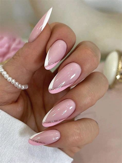 24pcs Pink & White French Tips Colorblock Accents Long Almond Glitter ...