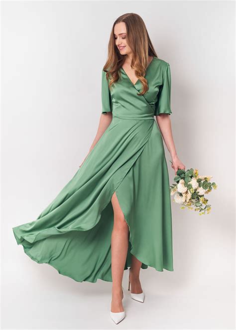 Sage green silk satin long wrap dress silk dress wrap dress bridesmaid dress wedding guest dress ...