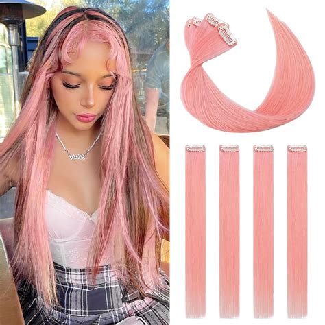Amazon.com : Benehair Pink Hair Extensions Clip in Human Hair 16 Inch ...