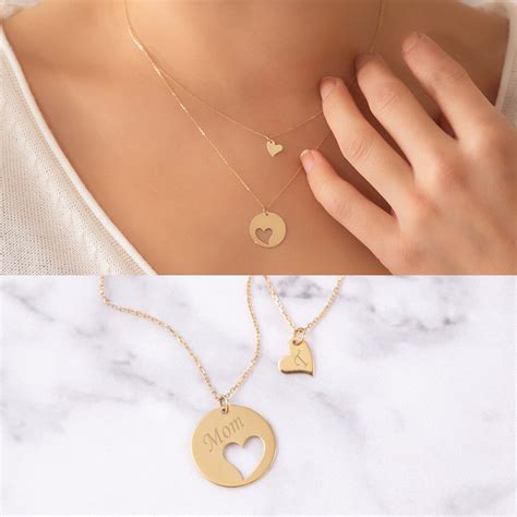 14k Solid Gold Mother Daughter Necklace Set, Custom Engrave Name ...